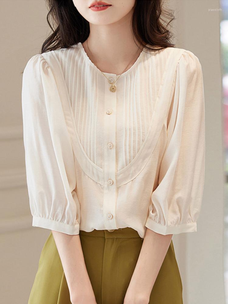 

Women' Blouses Women Tops Fashionable Bubble Sleeve Shirt For 2023 Spring Summer Round Neck Pleated Age Reducing Unique 3/4 Top, Green