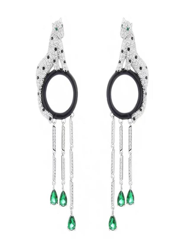 

Luxury Brand Party Jewelry Women Panthere Earrings 3D Full Diamond Leopard Drop Earrings Tassels Drop Water Green Stone Panthe1333708