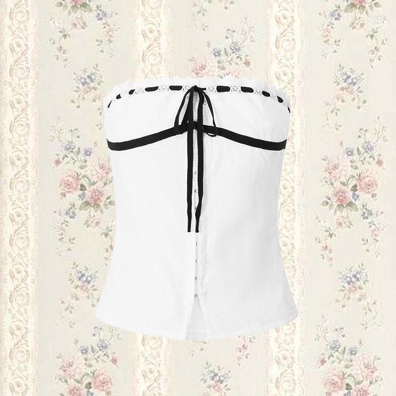 

Women' Tanks French Style Vintage Tube Tops Front Tie Up Buckled Corset Vest Fairycore Y2K Strapless Camisole Chic Women Backless Crop, White