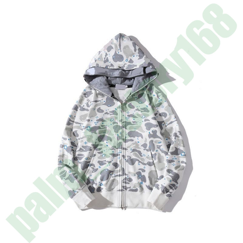 

Quality Men's and Women's Shark Hoodie Camo Star Sky Double Hat Cotton Embroidery Cartoon Print Zip ape Hoodie55, White