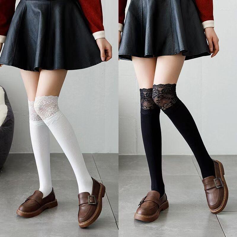 

Women Socks JK White Cotton Female Medium Tube Japanese Lace Calf Lolite Students Cute, Black