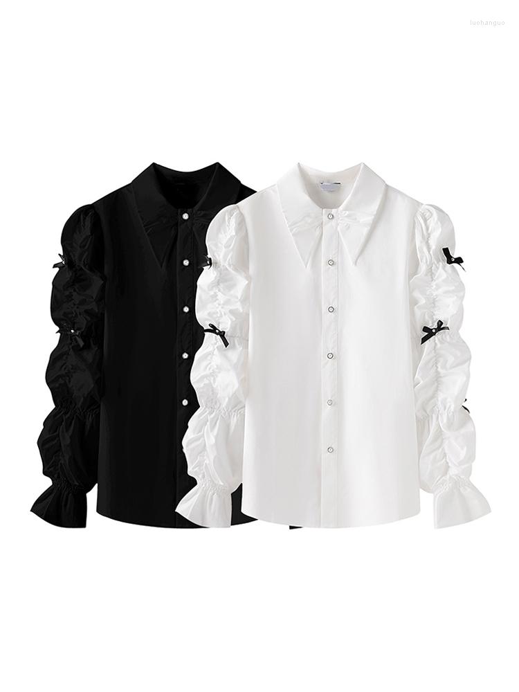 

Women's Blouses Vintage Pearl Single Breasted Women Slim Shirt 2023 Fashion Lapel Puff Sleeve Retro Bow Design Clothes Pleated Basic, Black