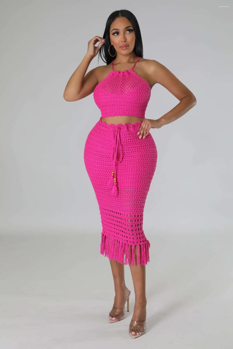 

Work Dresses Women Summer Tassel Fishing Knitted Casual Two-piece Set Solid Color Handmade Cotton Crochet Hollow Out Beach Dress, Green