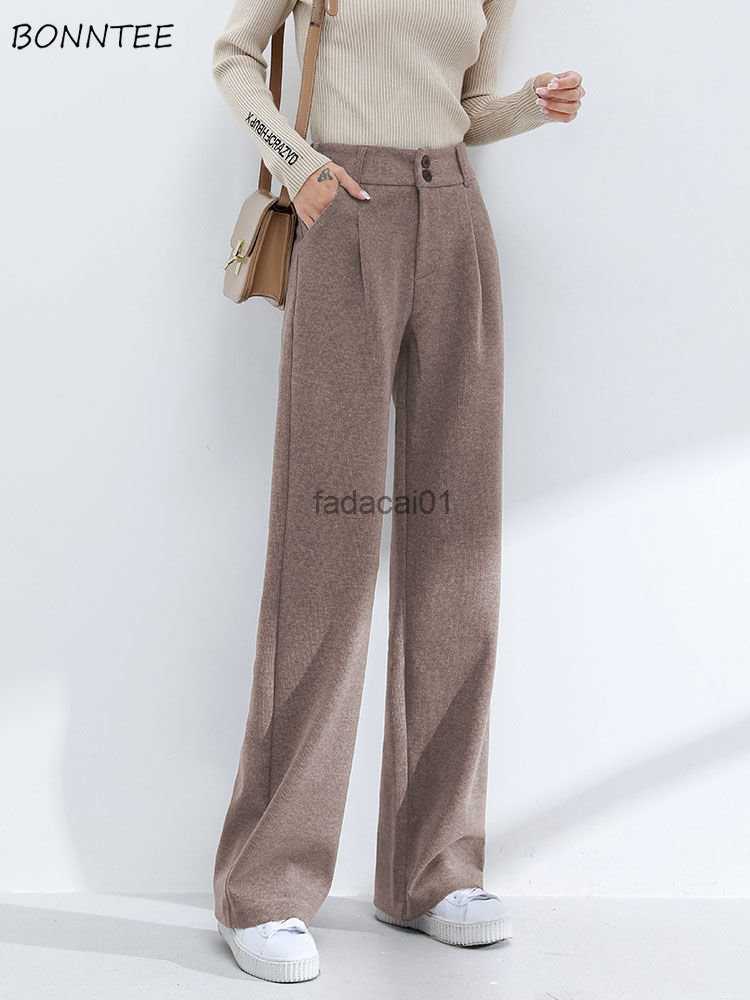 

S4XL High Waist Pants Women New Basic Wide Leg Leisure Thicken Winter Simple Elegant Office Lady Streetwear Allmatch Harajuku L230621, Black