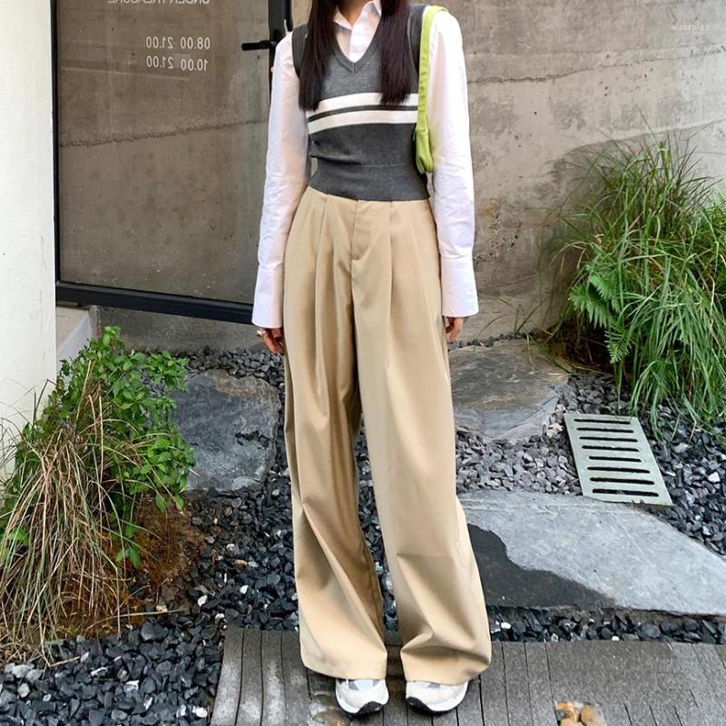 

Women' Pants Spring Loose Suit For Women Khaki Solid Full Length Wide Leg High Waist Lady Trousers Female 4724