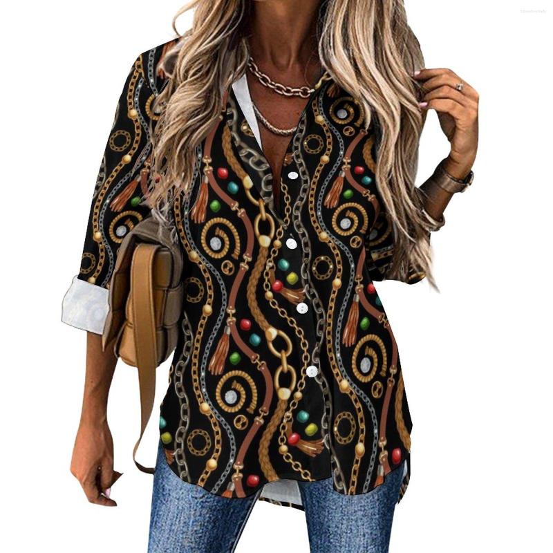 

Women' Blouses Chains Blouse Female Leather Belt And Bead Print Casual Loose Summer Long Sleeve Office Work Shirt Design Tops Big Size, Style-18