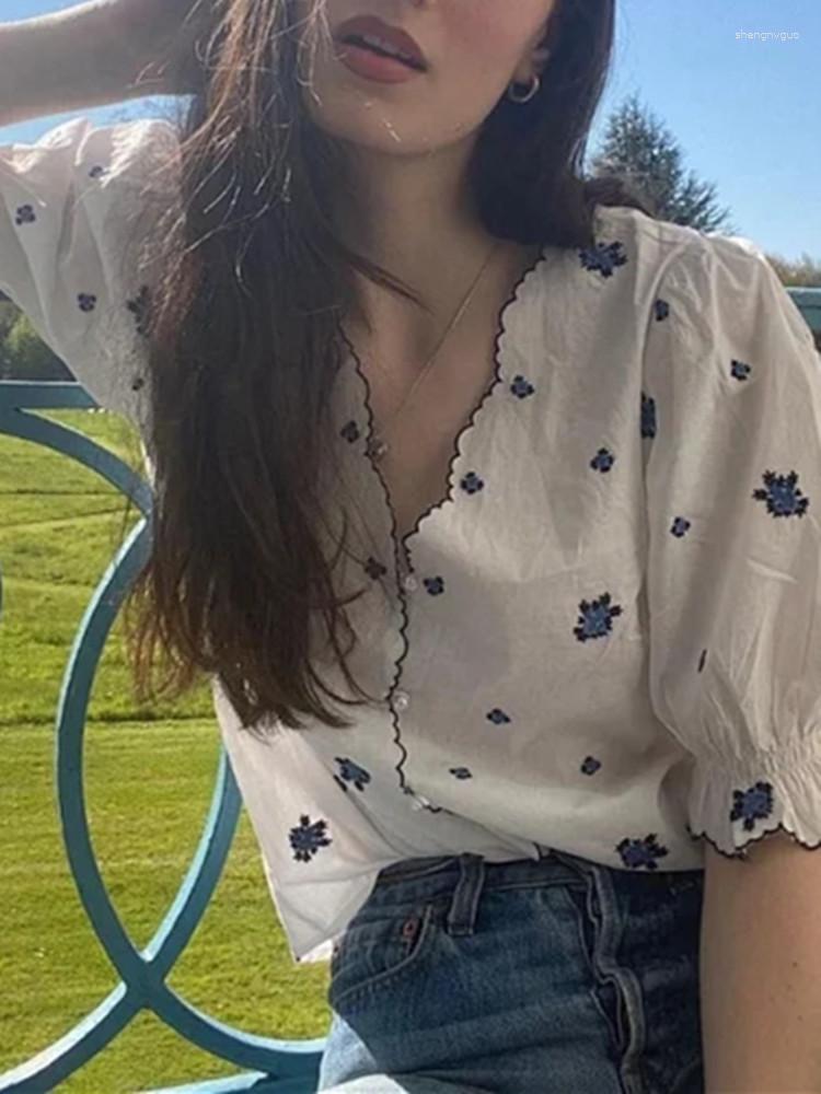

Women' Blouses Women Blue Floral Embroidery Blouse Summer 2023 Ruffles Short Sleeve V-Neck Temperament Chemise Female Single Breasted Shirt