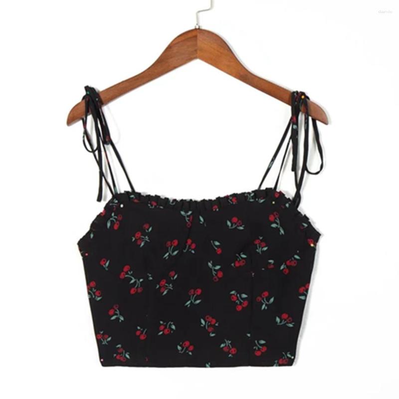 

Women' Tanks Withered French Style Vintage Cherry Print Floral Sexy Camisole Fashion Casual Short Shirts Summer Blouse Women Tops, Black