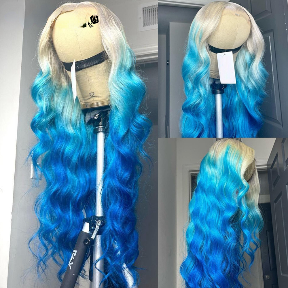 

13x4 Brazilian Ombre Platinum Blue Deep Wave Lace Frontal Wigs Preplucked 613 Blonde HD Transparent Lace Front Wig Synthetic Cosplay