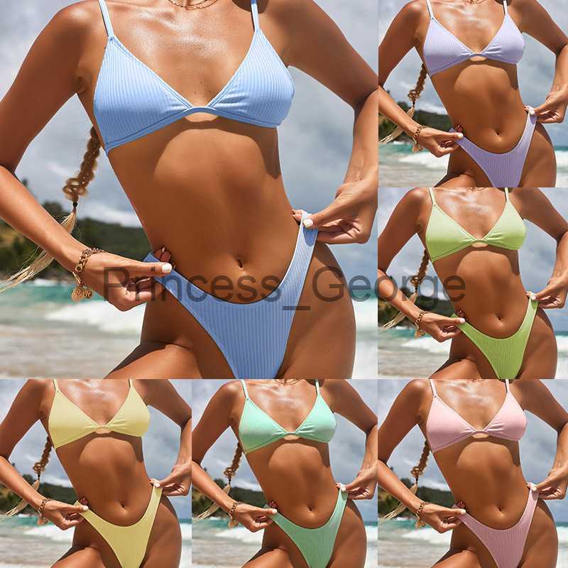 

Women's Plus Size Swimwear 2023 New Fashion Solid Color Pit Stripe Threepoint Bikini Thong Swimsuit Women Swimwear x0621, Lavender