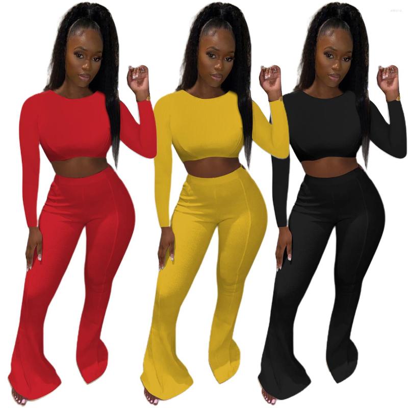 

Women' Two Piece Pants Sexy Pit Striped Waist Long-sleeved T-shirt Flared And Trousers Two-piece Suit Autumn Fashion, Black