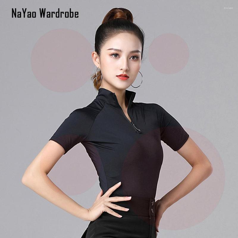 

Stage Wear 2023 SS081 Women Latin Dance T Shirt Zipper V Neck Design Dancing Tops For Samba Tango Chacha Belly Performamnce, Black