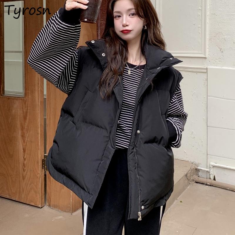 

Women's Vests Women Solid Zip-up Warm Winter Loose All-match Korean Style Waistcoats Mujer Preppy Harajuku Sleeveless Casual Streetwear, Black pants