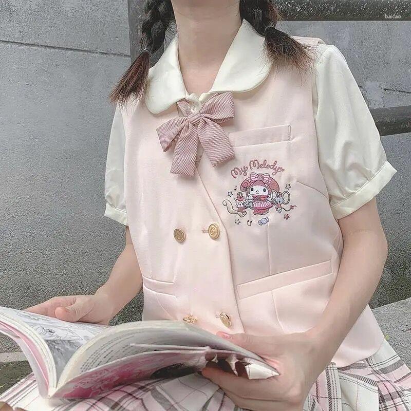 

Women' Vests Japanese 2023 Spring JK Uniform Embroidery Sweet And Cute Organ Pleated Bow Vest Female Student Pink Coats