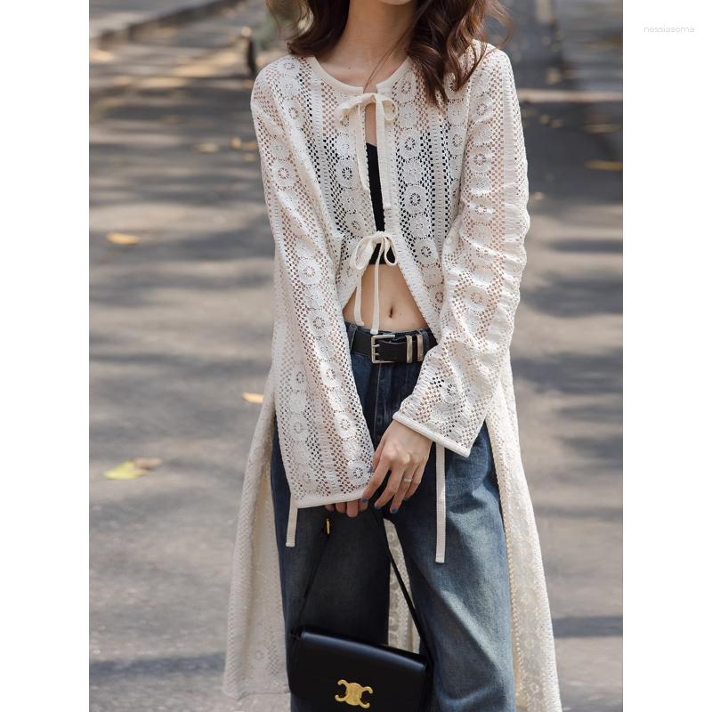 

Women' Jackets White Hollow Out Cardigan Women 2023 Summer Korean Fashion Thin Lace-up Coat Female Long Sleeve O Neck Jacket