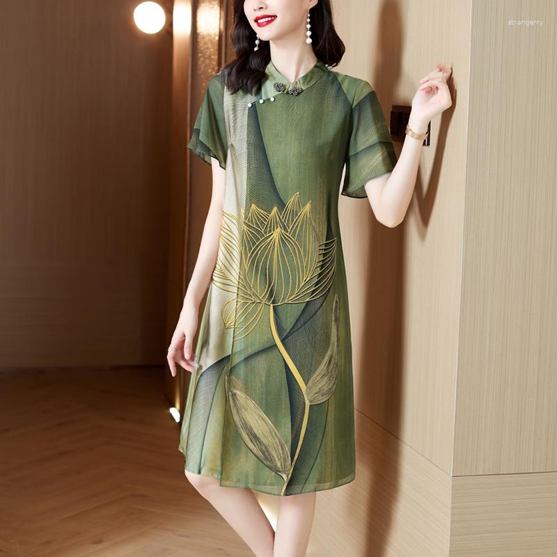 

Party Dresses Chinese Style Elegant A-Line Print Dress Women Stand Collor Short Sleeve Retro Improved Cheongsam Temperament Vestidos, Green