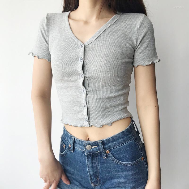 

Women' T Shirts Korean Summer Slim Fit V-neck Wood Ear Grey Short Top Sleeve T-shirt For Women V295, Black
