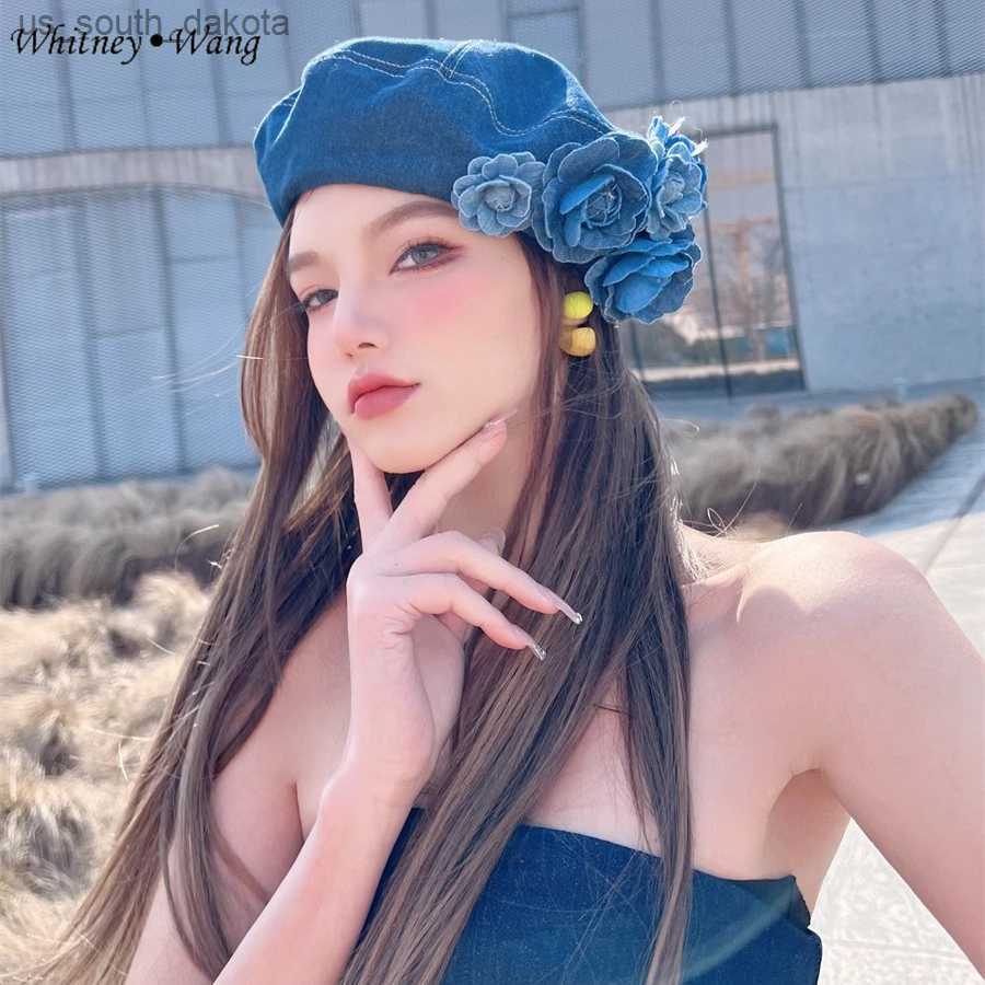 

WHITNEY WANG Designer Style 2023 Fashion Streetwear Sweet 3D Florals Denim Berets Women Stylish Hat Lady Arts cap L230523, Color 2