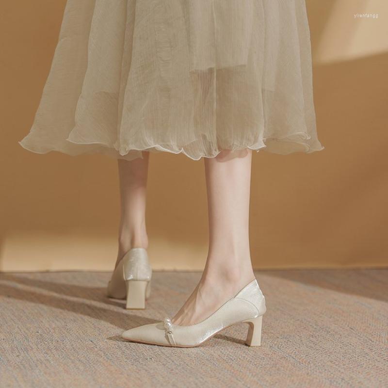 

Dress Shoes 2023 Fashion Single Shoe Women's French Pointy Pearl Wedding Thin Heels Casual Temperament High Heel, Apricot
