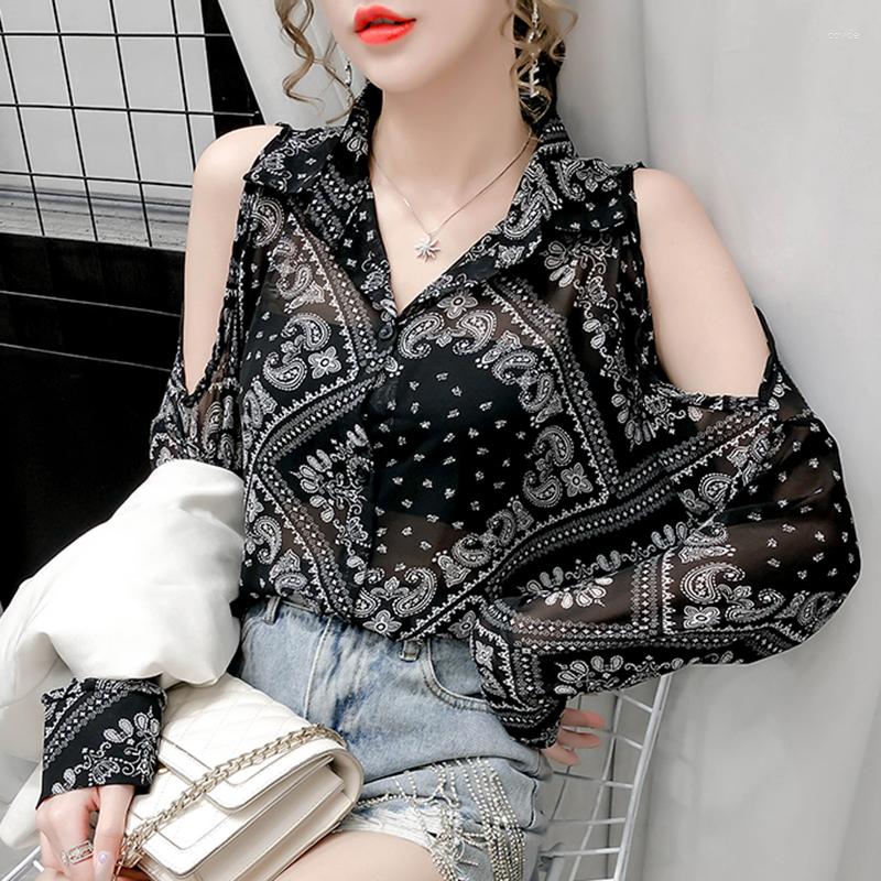 

Women's Blouses White Black Graphic Button Up Cold Shoulder Sheer Collared Korean Fashion Elegant OLVintage Kawaii Shirts Top Women 2023