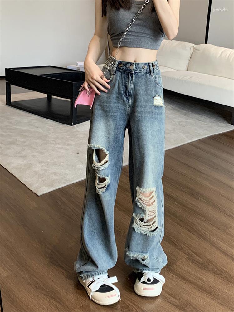 

Women's Jeans Vintage Ripped Women Summer High Wasit Loose Straight Mopping Trousers Harajuku Streetwear Broken Hole Y2k Denim Pants, Blue