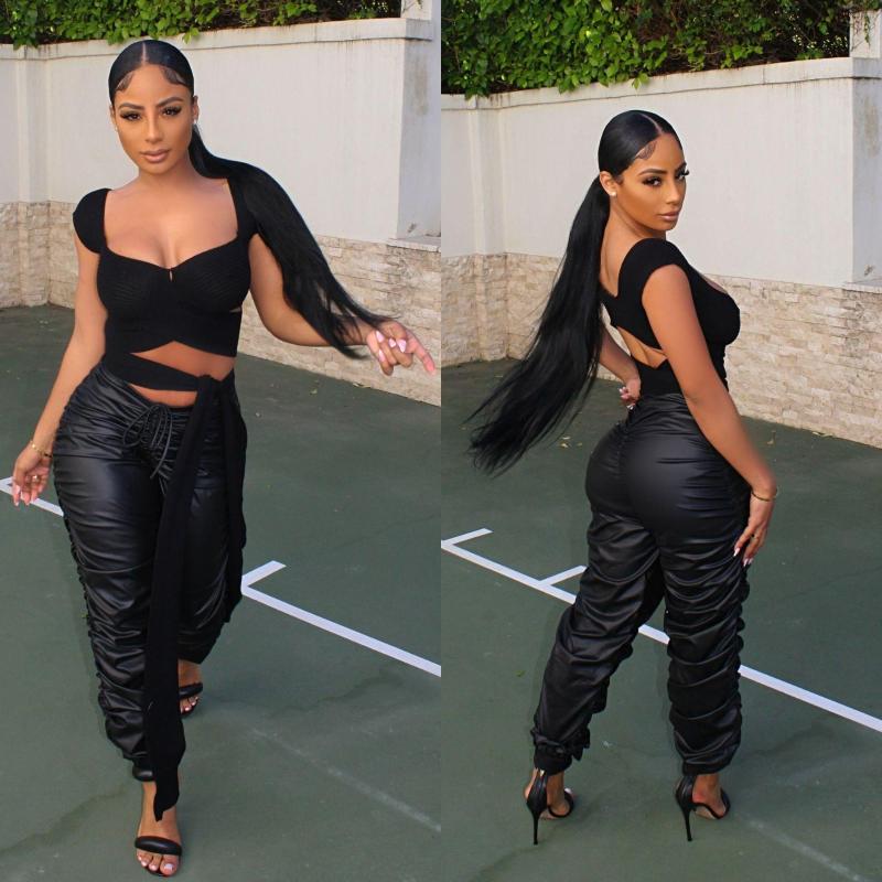 

Women' Pants Sexy Fashion Pleated Bandage Womens High Waist Pencil PU Leather Long Solid Slim Club Party Casual Trousers, Black
