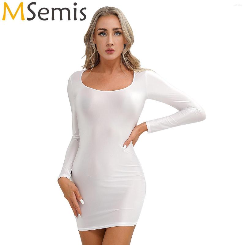 

Casual Dresses Womens Oil Glossy Long Sleeve Round Neck Dress Bodycon Tight Pencil Mini Pole Dancing Rave Outfit Cocktail Party Costumes, Lavender