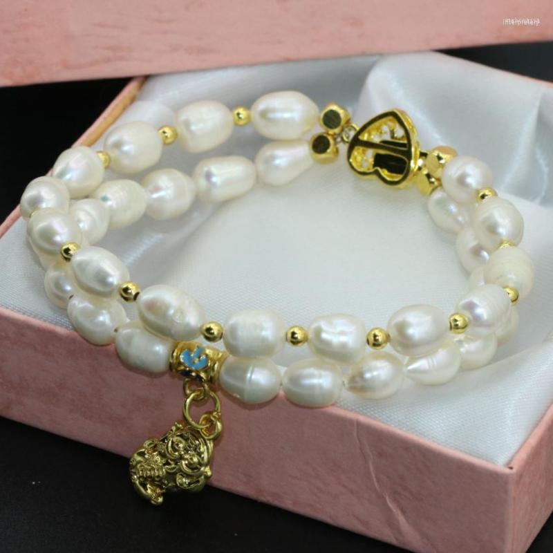 

Link Bracelets Wholesale Top Quality 7-8mm White Natural Freshwater Cultured Barrel Rice Pearl Two Rows Clasp Jewelry 8inch B2759