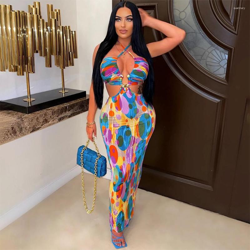 

Casual Dresses 202 3wish Digital Printing Lace Up Slim Fit Fashion Sexy Dress For Women Hollow Out Floor Length, Blue