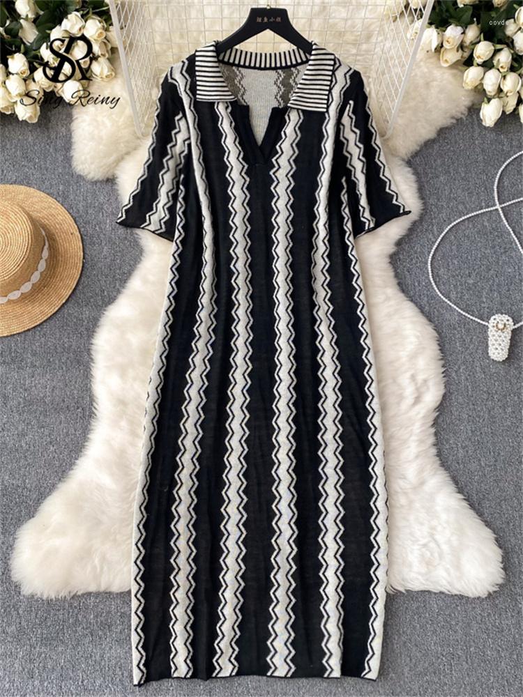 

Party Dresses SINGREINY Women Striped Loose Long Dress Lapel Neck Short Sleeves Casual Beach Sundress Korean OL Knitted Bohe Midi, Black