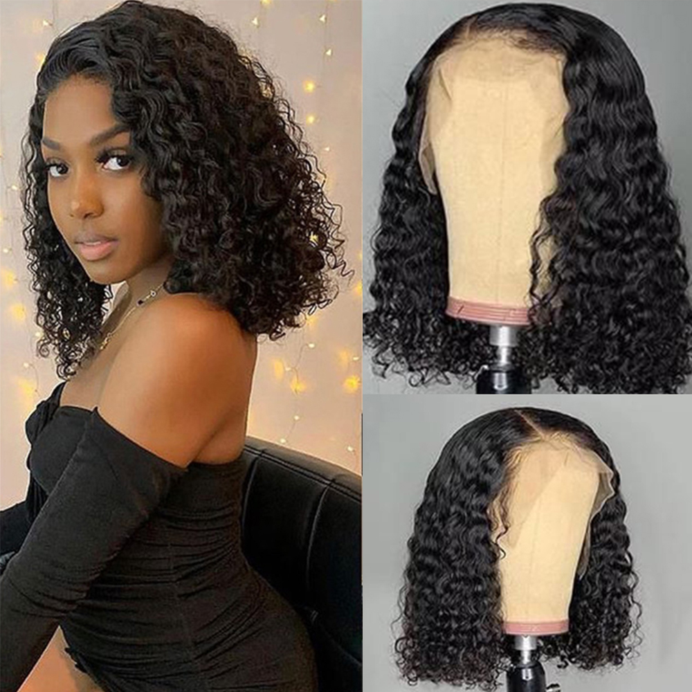 

Curly Wave Transparent Lace Front Wig Short Bob Huamn Hair Wigs for Women Pre Plucked Remy 4x4 Lace Closure Wigs Bob Frontal Wig, Natural color
