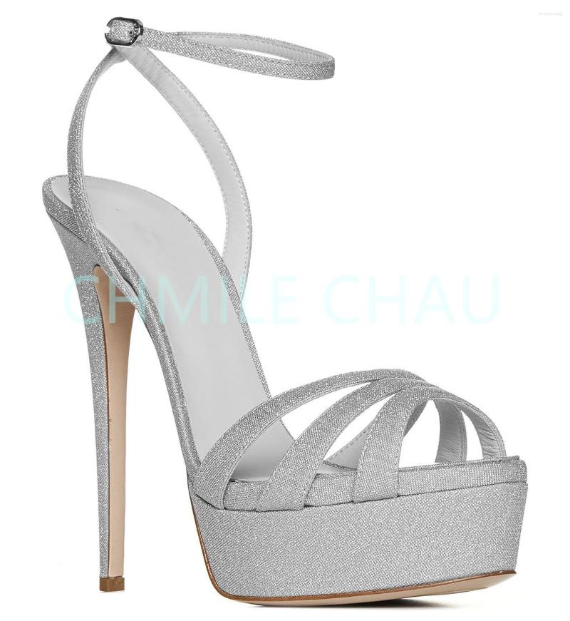

Sandals Luxury Designer Women Elegant Platform Sandal Stiletto High Heel Ankle Strap Open Toe Dress Plus Size Shoe Talon Femme 4-CHC-32, Silver