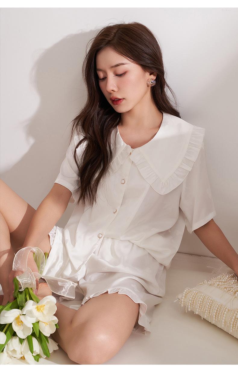 

Women's Sleepwear CRLAYDK 2023 Summer Women Pajamas Set Satin Butterfly Jacquard Short Loungewear 2 Pieces Silk Button Down Nightwear, White