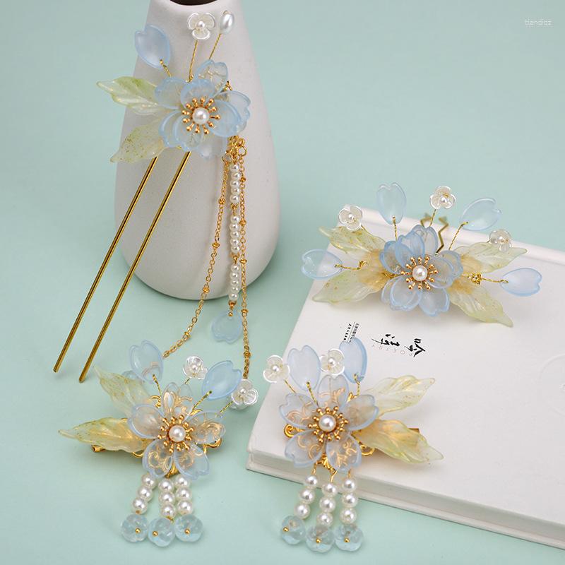 

Hair Clips Women's Blue Glass Flower Tassel Crown Hairpin Set Chinese Hanfu Headdress