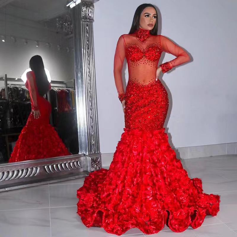 

2023 African diamond Mermaid Prom Dresses high neck crystal Long Sleeve Plus Size 3D Rose Even Dress Elegant Formal Party Sequin Gown Black Girls Night prom Wear, Red