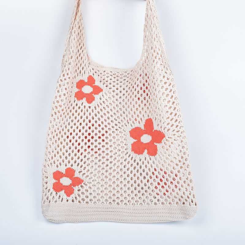 

2022 summer new Korean Mesh Handbag shopping bag mesh hollow beach bag knitted single shoulder women's bag, White7
