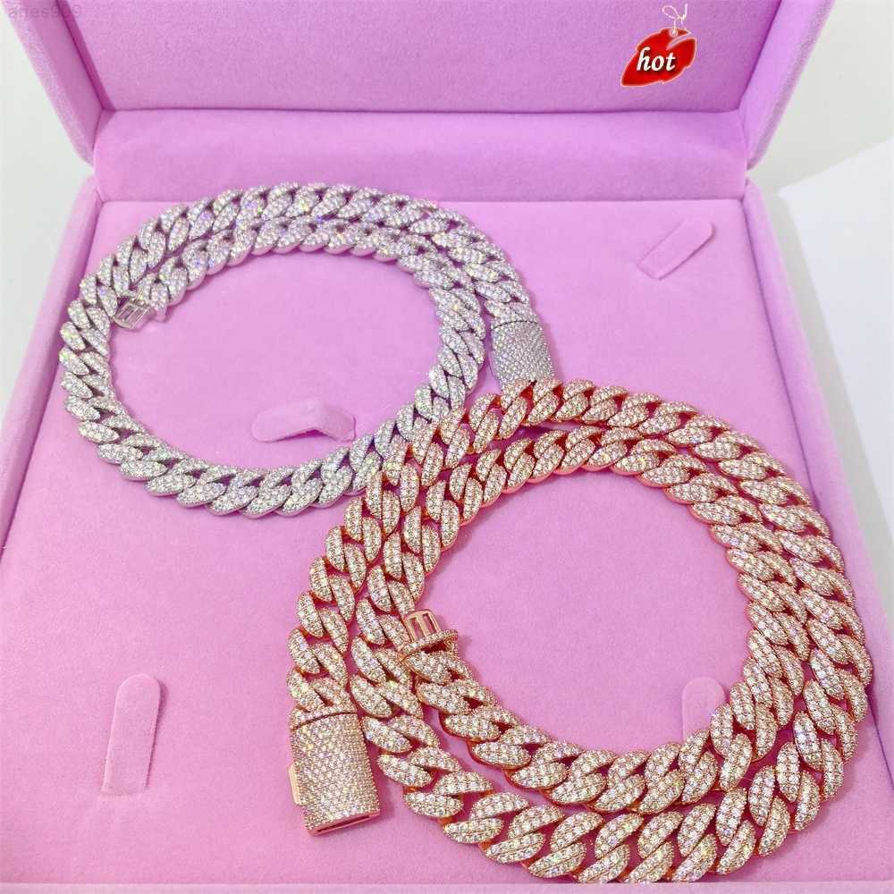 

Gold Plated Moissanite Diamond Hip Hop Miami Moon Shape Necklace 925 Silver 12mm Rose Cuban Link Chain