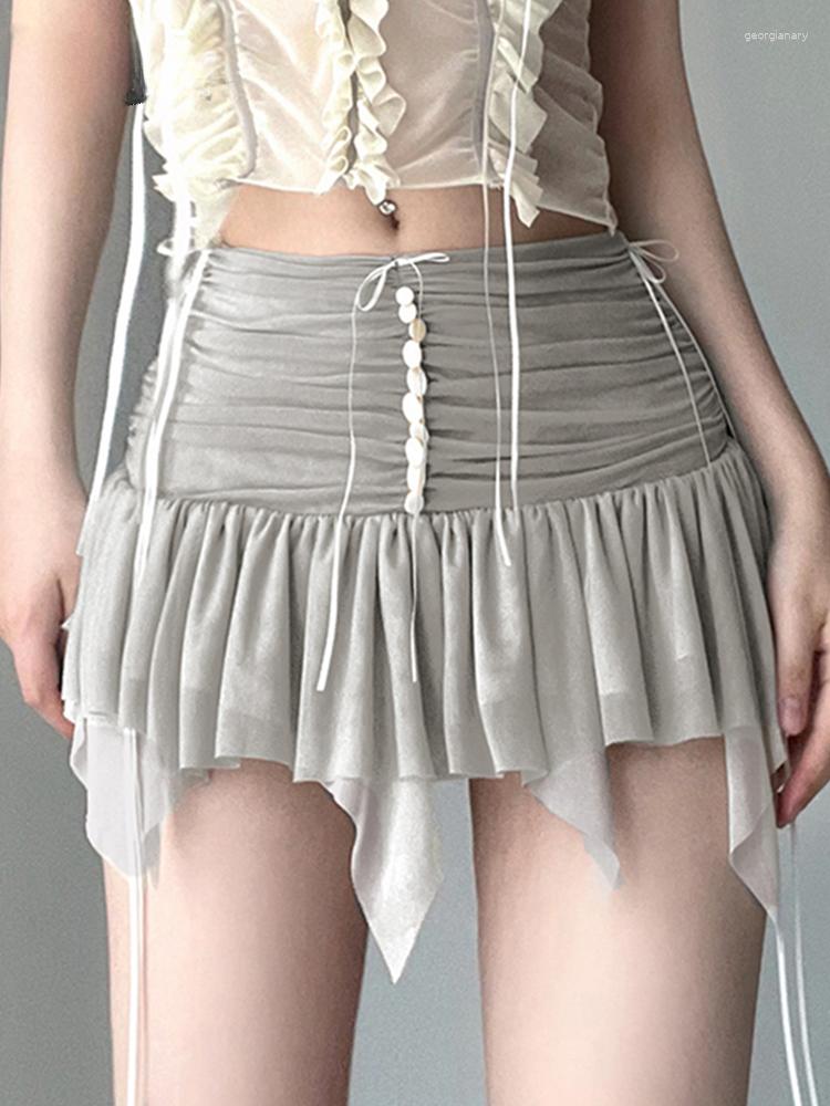 

Skirts Y2k Cute Mesh Pleated Mini Skirt Harajuku Stitched Folds Vintage Low Waist A-line For Women 2023 Summer Fairycore, Gray