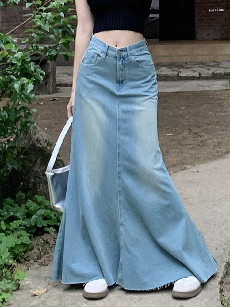 

Skirts Vintage Denim Long Ladies Summer High Waist Wash Tassle Jeans Skirt Korean Fashion, Blue