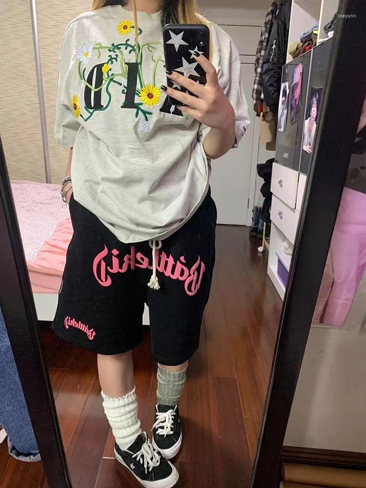 

Women's Pants HOUZHOU Hippie Korean Oversize Cargo Shorts Women Summer Kpop Harajuku Streetwear Letter Print Wide Leg Vintage Hip Hop, Black