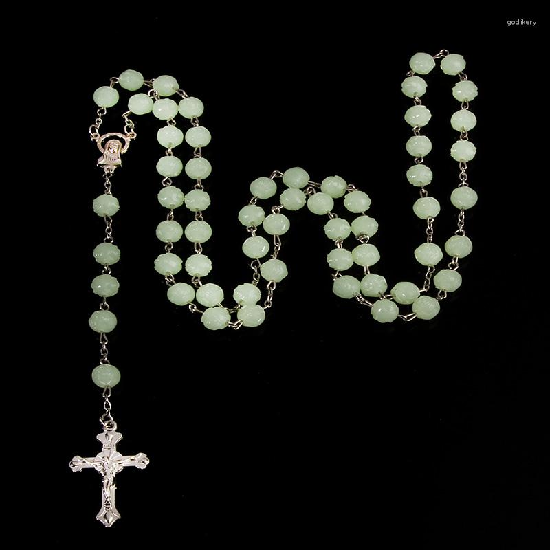 

Pendant Necklaces 8MM Luminous Rosary Cross Rose Beads Necklace Catholic Religious Jewelry