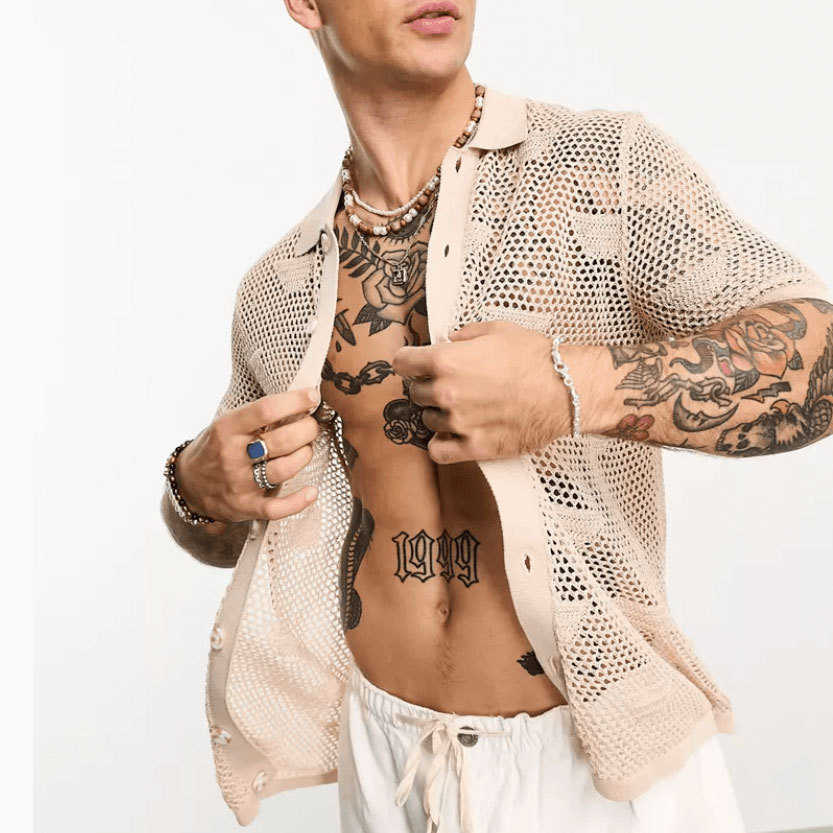 

Men' Shirt Clothing New Summer Fashion Solid Color Short Sleeved Loose And Casual Mesh Hollowed Out Lining, Khaki