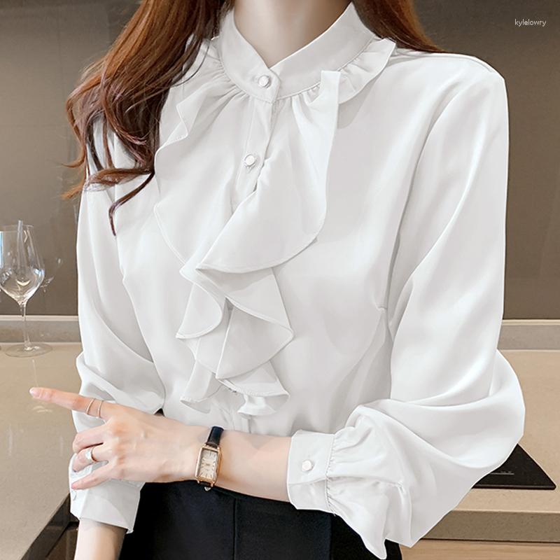 

Women' Blouses Long Sleeve Ruffles Stand Collar Chiffon Blouse Shirt Women Blusas Mujer De Moda 2023 White Tops Blusa E138
