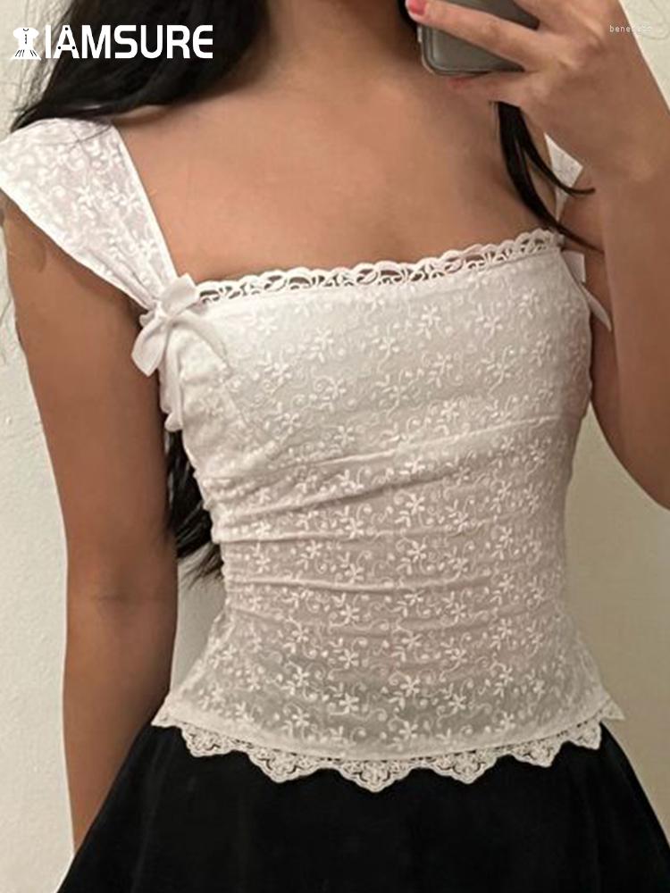 

Women' Tanks IAMSURE Sweet Solid Lace Bandage Camis Top Casual Slim See Through Slash Neck Sleeveless Tank Tops Women 2023 Summer Fashion, White