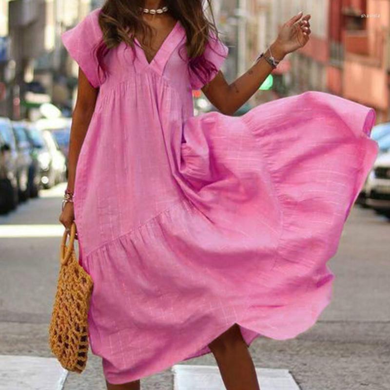 

Casual Dresses Short Sleeve Dress Bohemian Summer Womens Sundress Fashion V Neck Midi Vestidos Female Solid Holiday Robe Clothes, Yellow