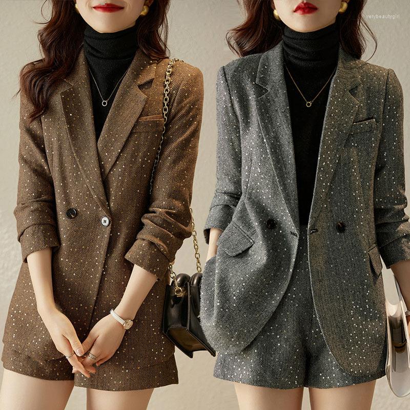 

Women's Two Piece Pants Spring 2023 Long Sleeve Fashion Suit White Collar Work Uniforms Commuter Single-Breasted Manager Wear, Graycoat shorts