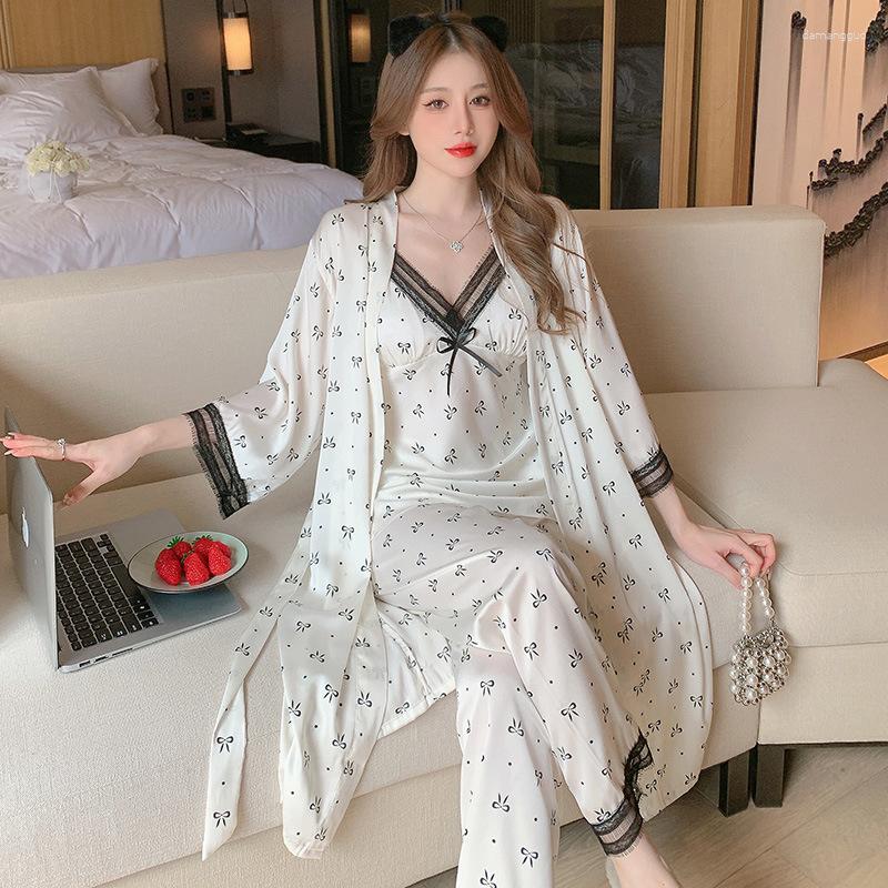 

Women's Sleepwear 3PCS Pajamas Bathrobe Set Spring Autumn Silk Satin Sexy Leopard Trouser Suits Loose Casual Home Clothes Loungewear, Pink bow