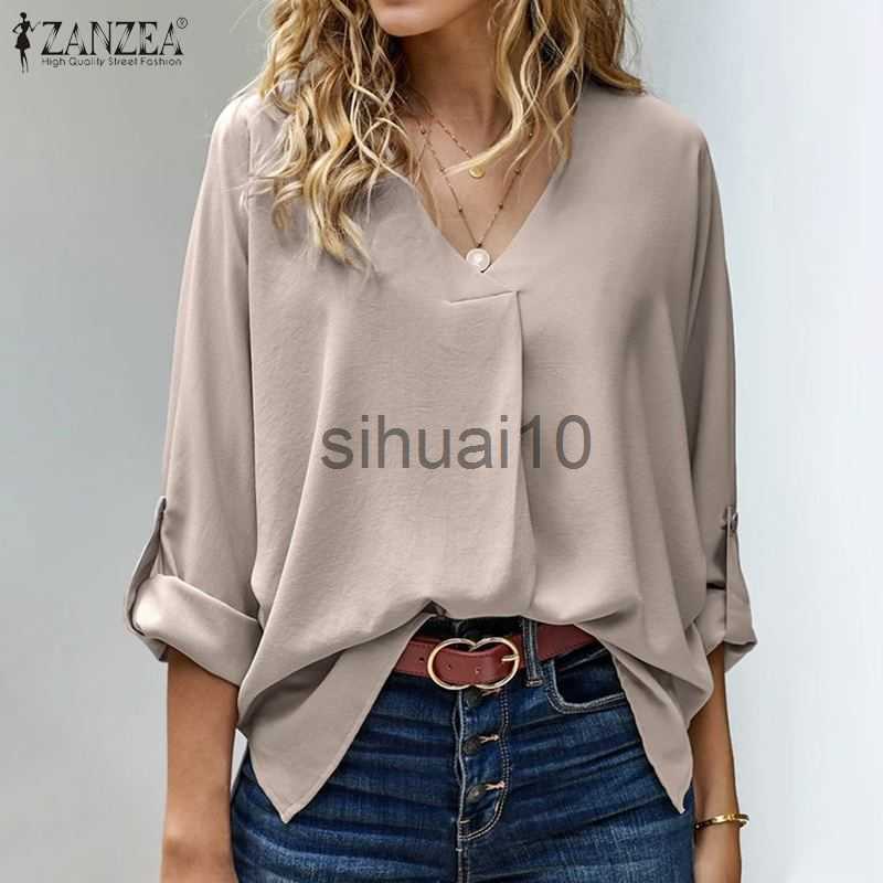 

Women's Blouses Shirts Oversized Women Elegant OL Work Blouse Autumn Long Sleeve Shirt 2023 ZANZEA Stylish V Neck Solid Top Casual Loose Blusas Chemise J230621, A khaki