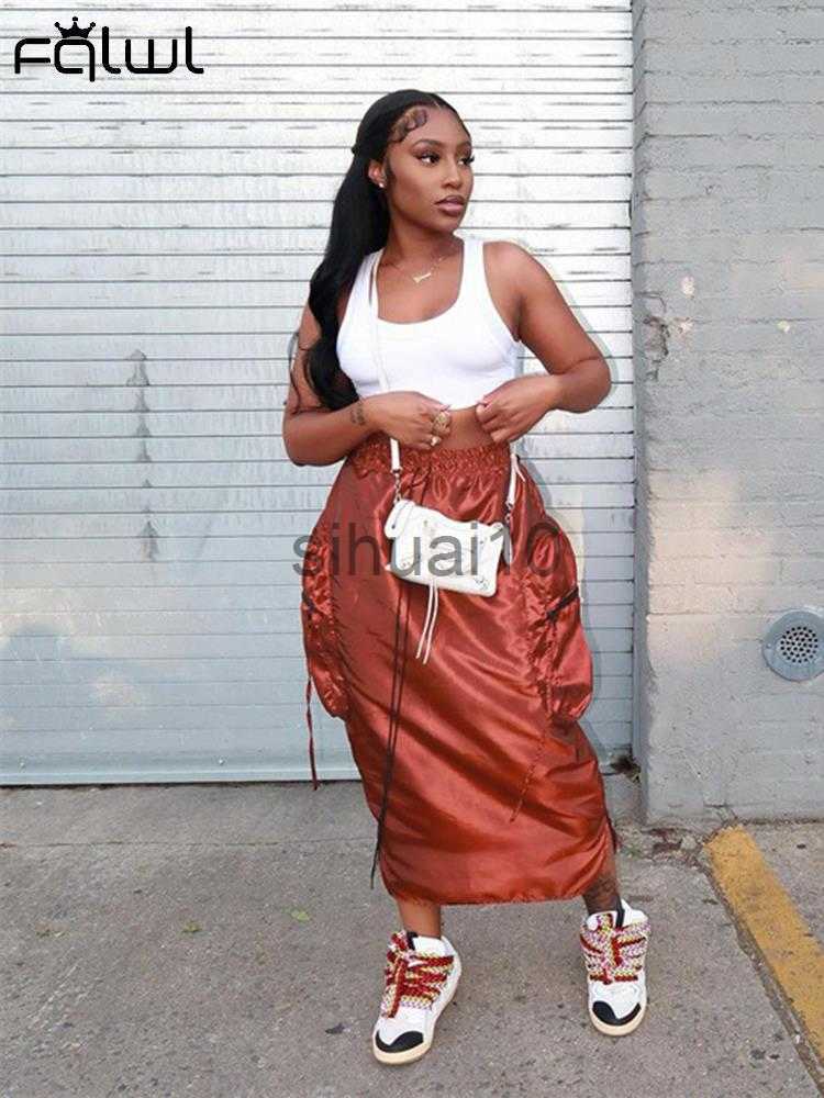 

Skirts FQLWL Summer Satin Soild y2k Clothes Maxi Skirt For Womens 2022 Black High Waist Loose Skirts Women Streetwear Casual Skirts J230621, Gray