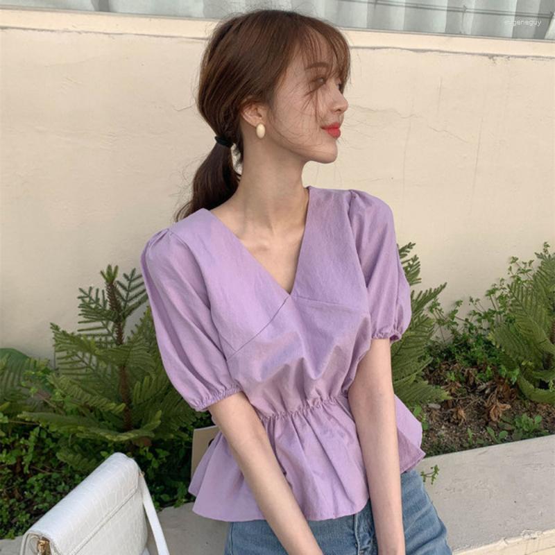 

Women's Blouses Women Summer Korean Commuter Chic Vital Girl Age Reducing V-neck Short Sleeve Waist Shrinking Shirt For, Purple
